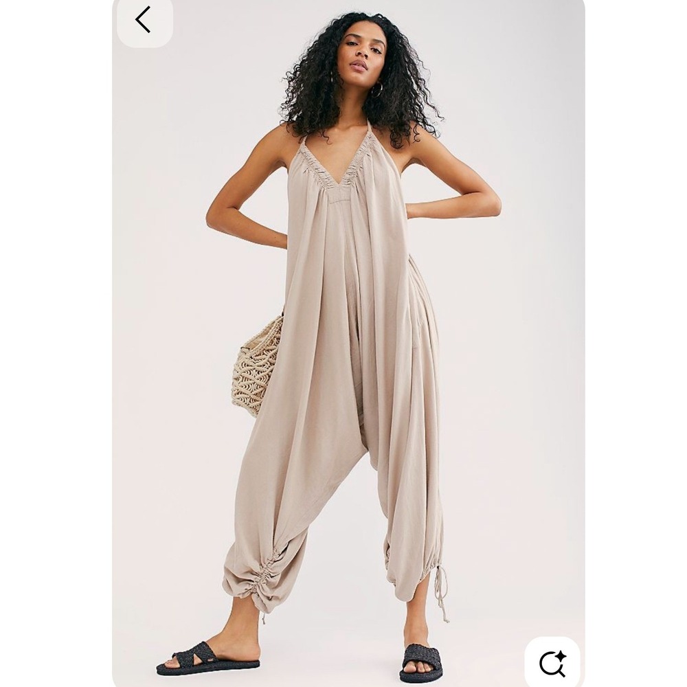 Free People Women Large Always Fun Jumpsuit Tan Boho Linen Blend Harem Romper